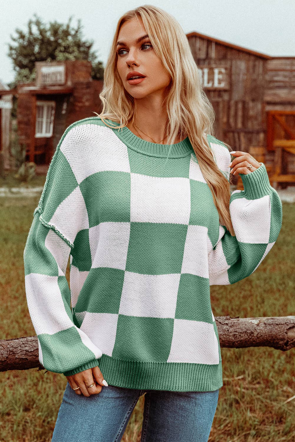 Fashion-W Checkered Bishop Sleeve Sweater*S-2XL