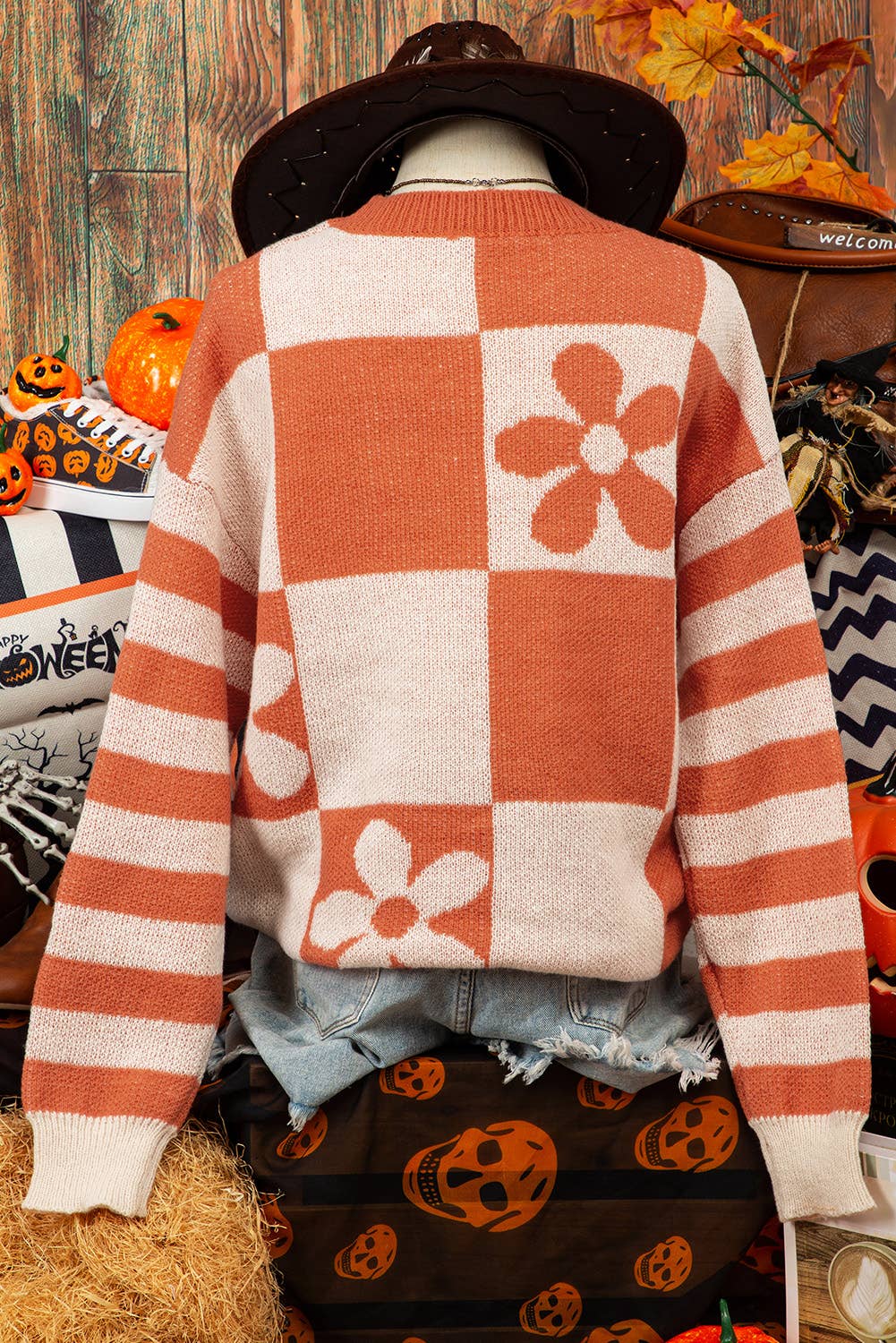 Fashion-W Fall Checker Floral Stripe Sweater*S-2XL