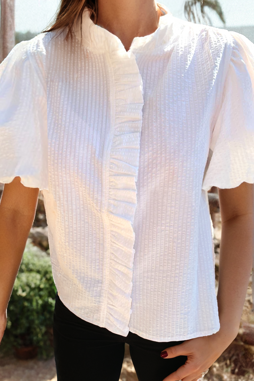 Fashion-W Striped Ruffle Short Bubble Sleeve Shirt