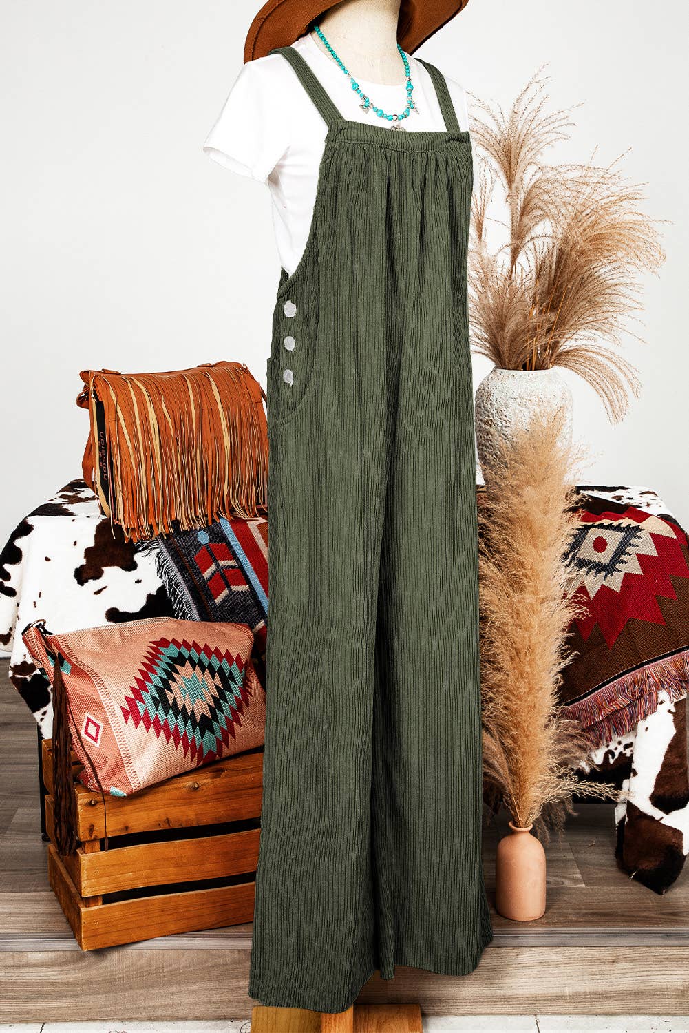 Fashion-W Fall Solid Pocketed Loose Fit Corduroy Overall