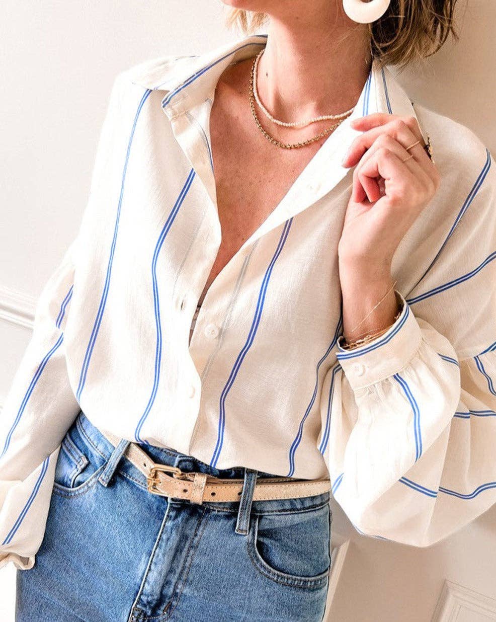 Stripe Bubble Sleeve Buttoned Shirt