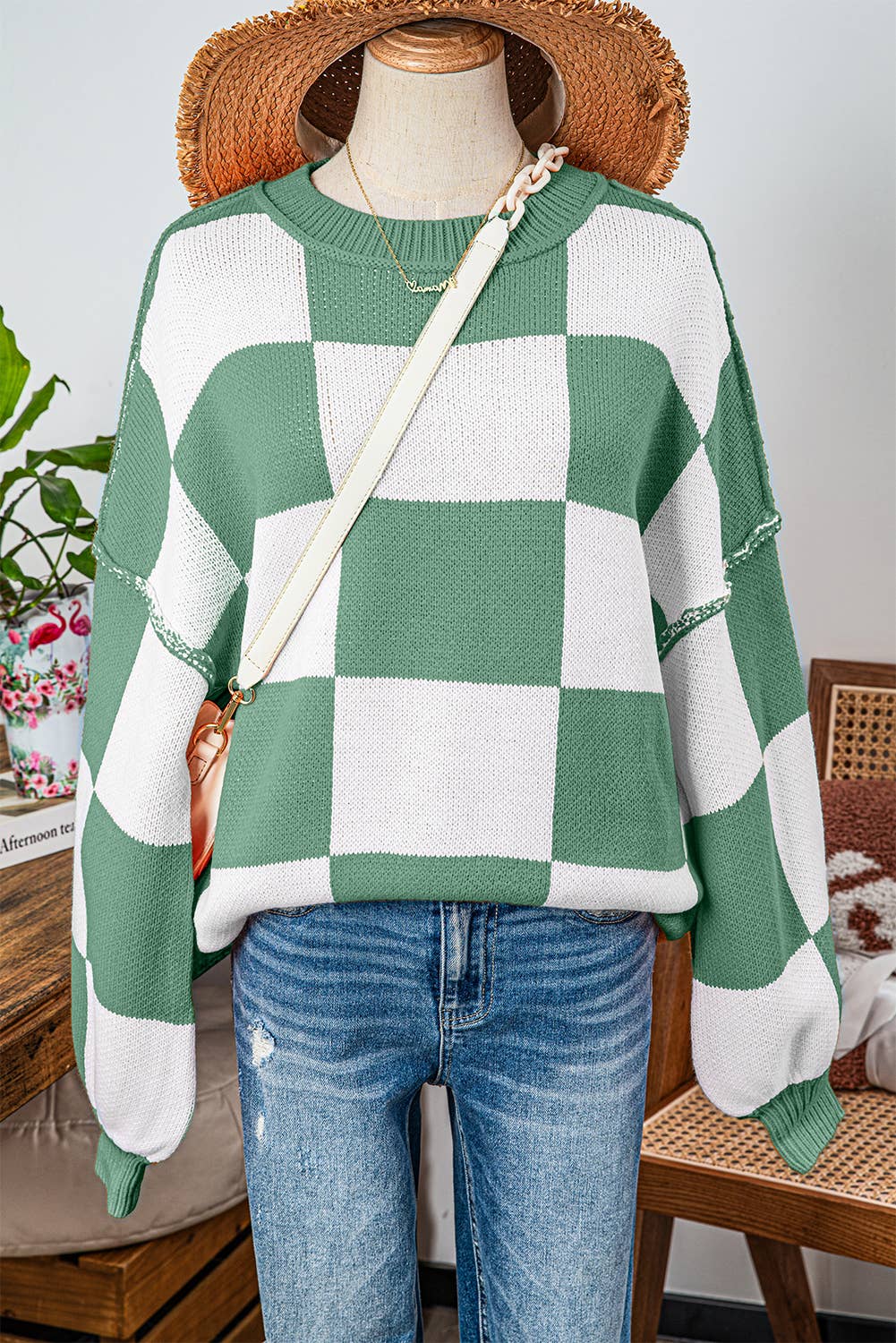Fashion-W Checkered Bishop Sleeve Sweater*S-2XL