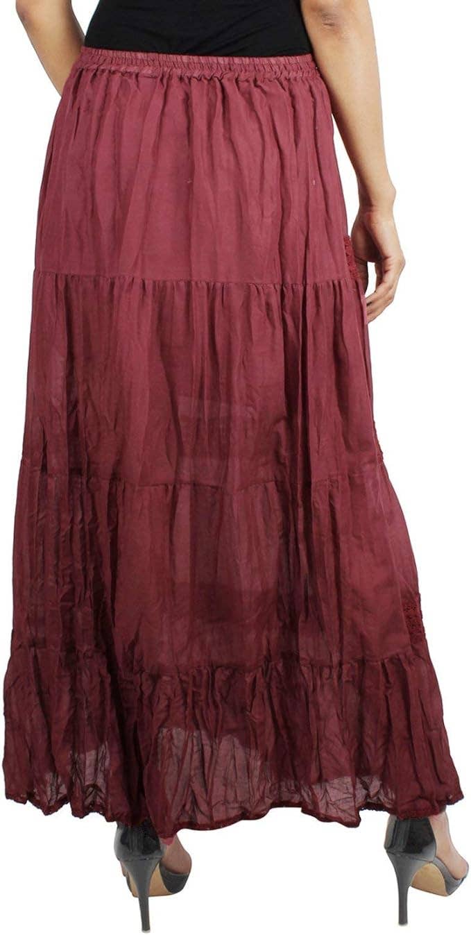 Womens Cotton Lace & Ribbon Tier Boho Long Maxi Skirt Maroon