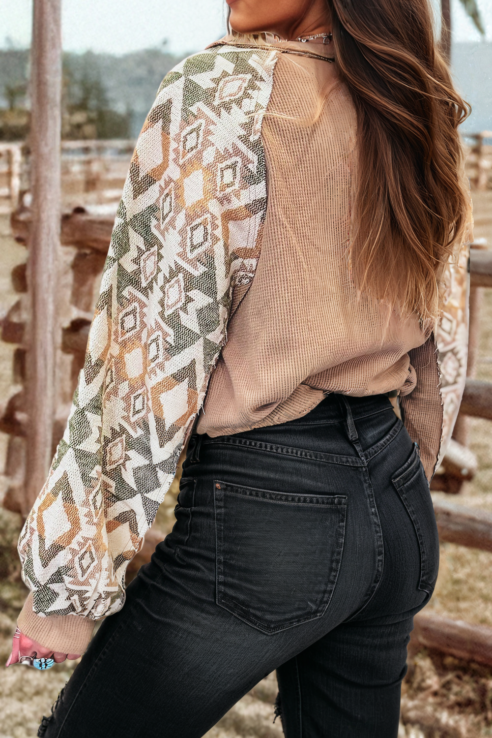 Fashion-W Western Waffle Patchwork Raglan Sleeve Knit Top