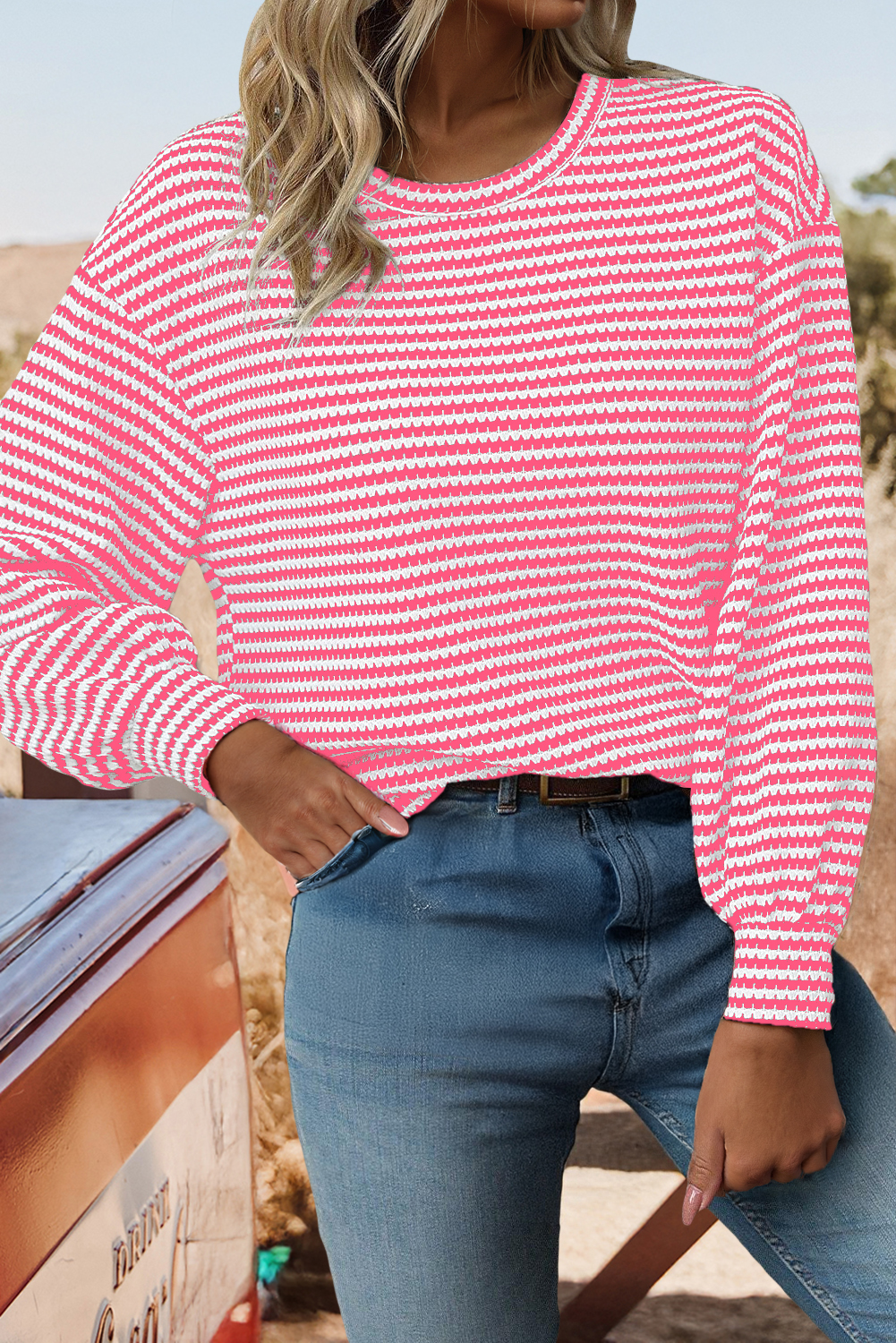 Fall Stripe Round Neck Drop Shoulder Long Sleeve Top*S-3XL