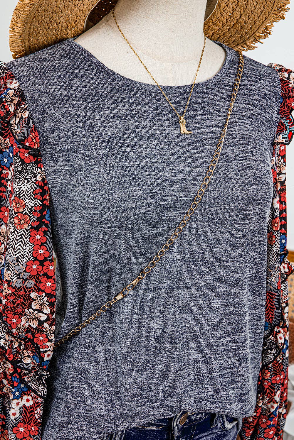 Fashion-W Contrast Ruffle Floral Sleeve Top