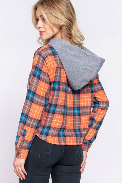 Long Slv Drawstring Hoodie Button Down Plaid Shirt
