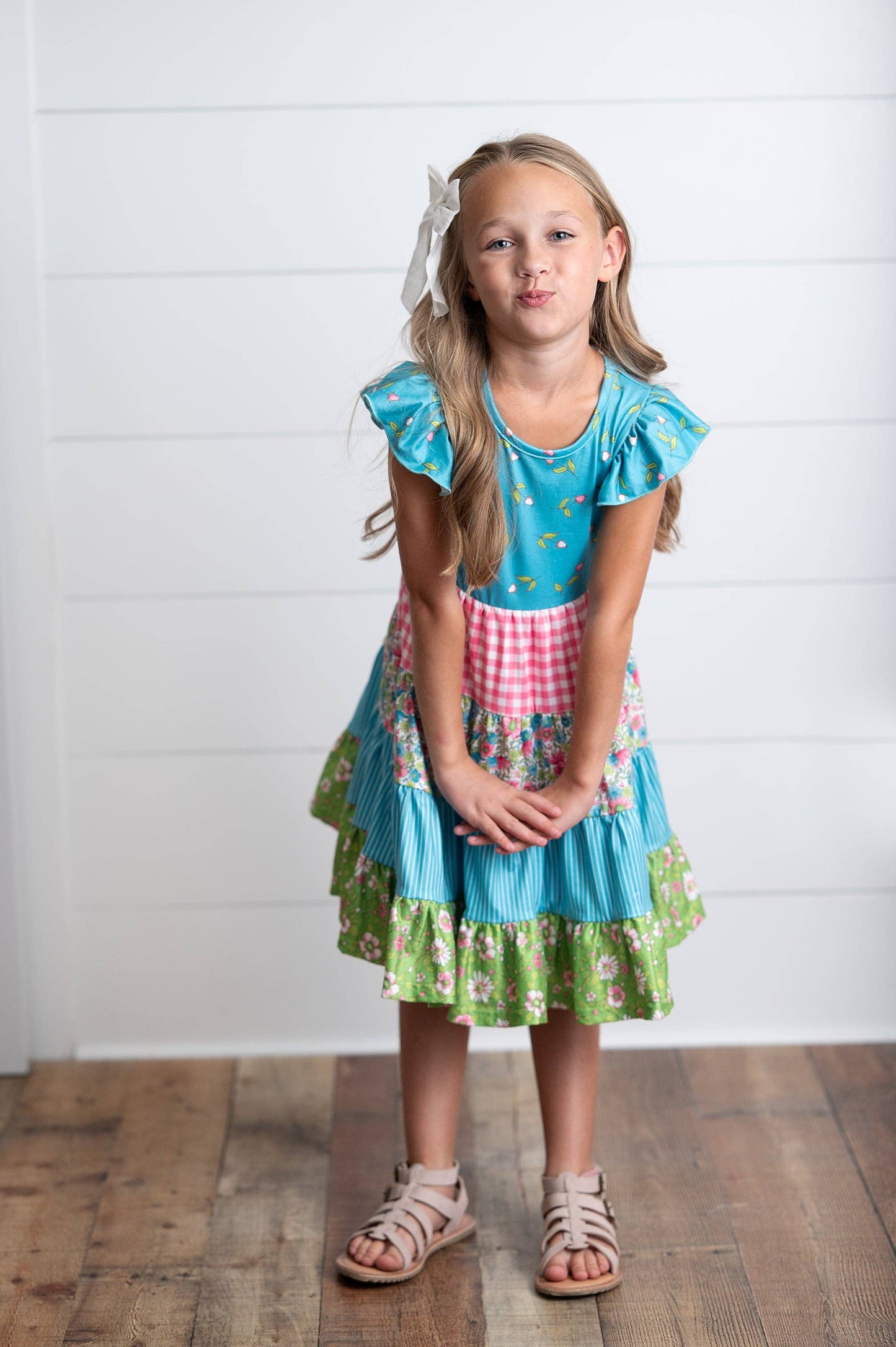 Girls Ava Twirl Teal Floral Check Tiered Spring Easter Dress