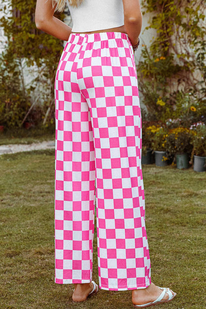 Fashion-W 2-Tone Checked Print High Waist Wide Leg Pants