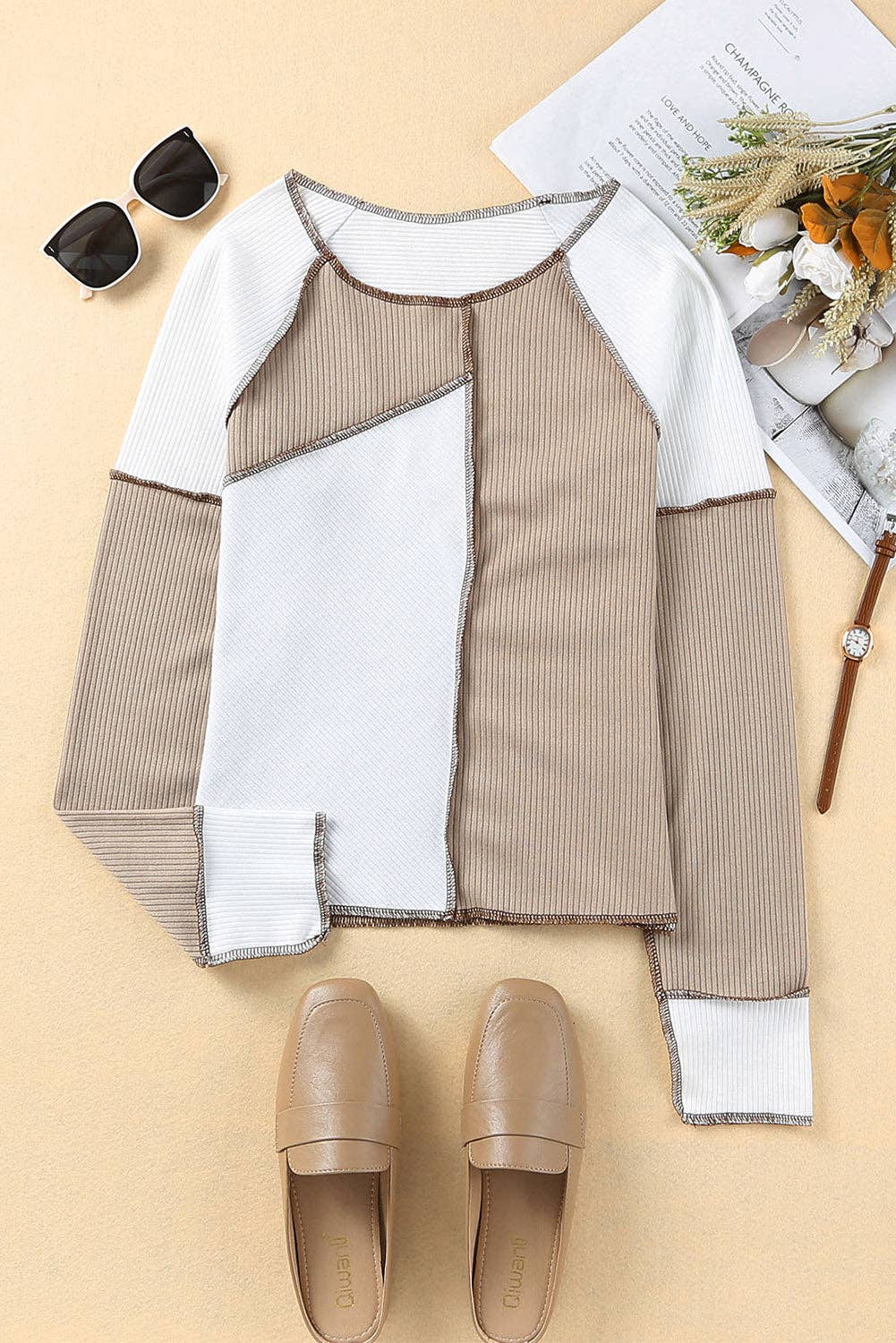 Ribbed Color Block Slim Fit Top with Contrast Seams