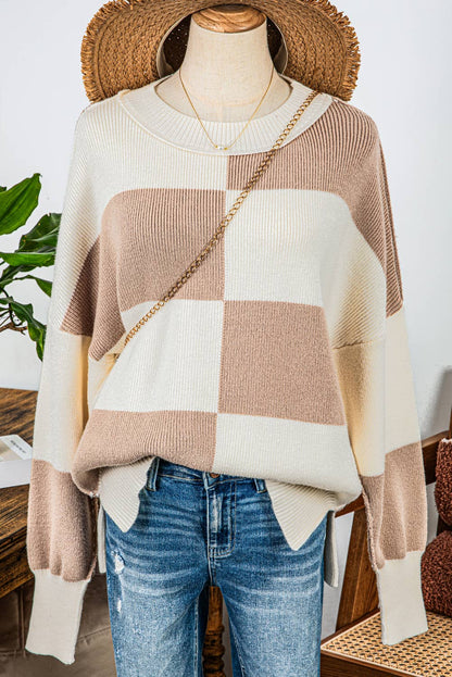 Fashion Checkered Side Slits Drop Shoulder Oversized Sweater
