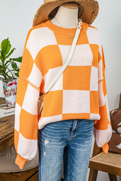 Fashion-W Checkered Bishop Sleeve Sweater*S-2XL