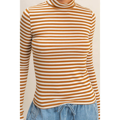 Striped Turtleneck Fitted Long Sleeve Top