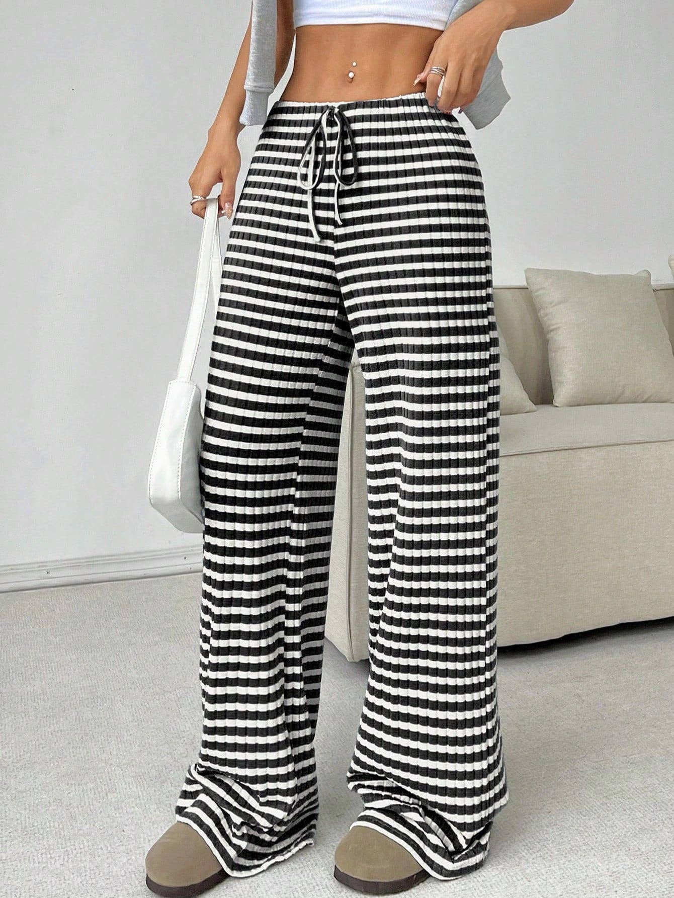Striped Drawstring Wide Leg Lounge Pants