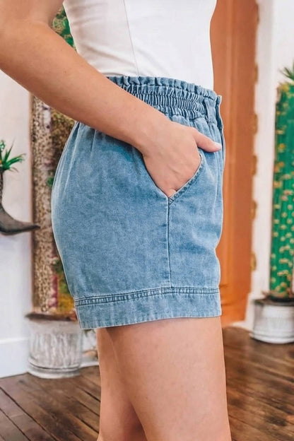 Fashion Casual Dusk Blue Smocked Elastic Waist Denim Shorts