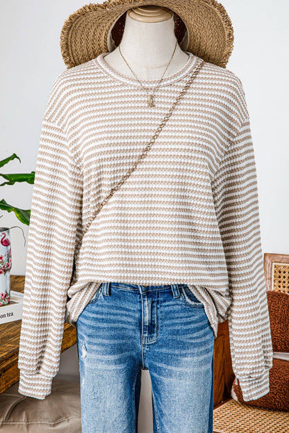 Fall Stripe Round Neck Drop Shoulder Long Sleeve Top*S-3XL