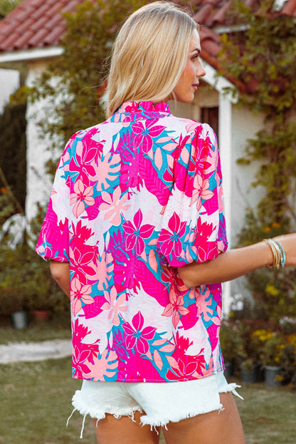 Fashion-W Tropical Plant Printed V Neck Puff Sleeve Blouse
