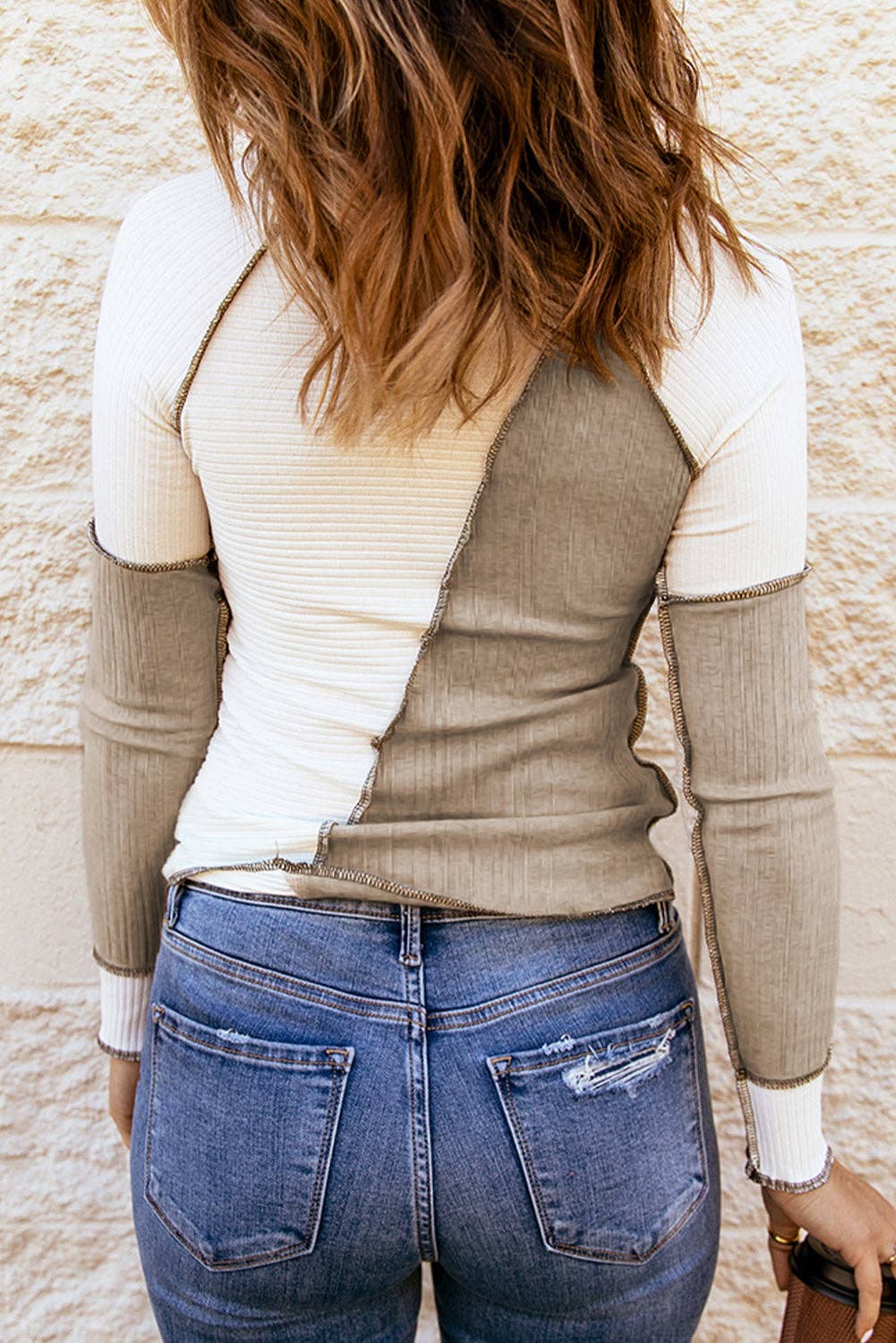Ribbed Color Block Slim Fit Top with Contrast Seams