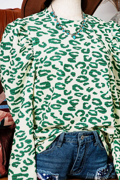 Fashion-W Leopard Print Mock Neck Puff Sleeve Top