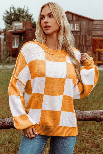 Fashion-W Checkered Bishop Sleeve Sweater*S-2XL
