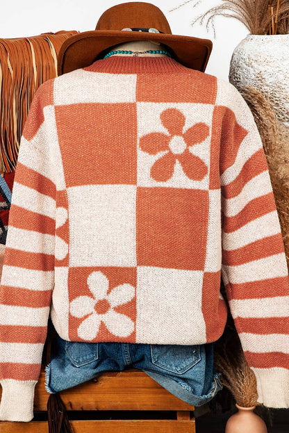Fashion-W Fall Checker Floral Stripe Sweater*S-2XL