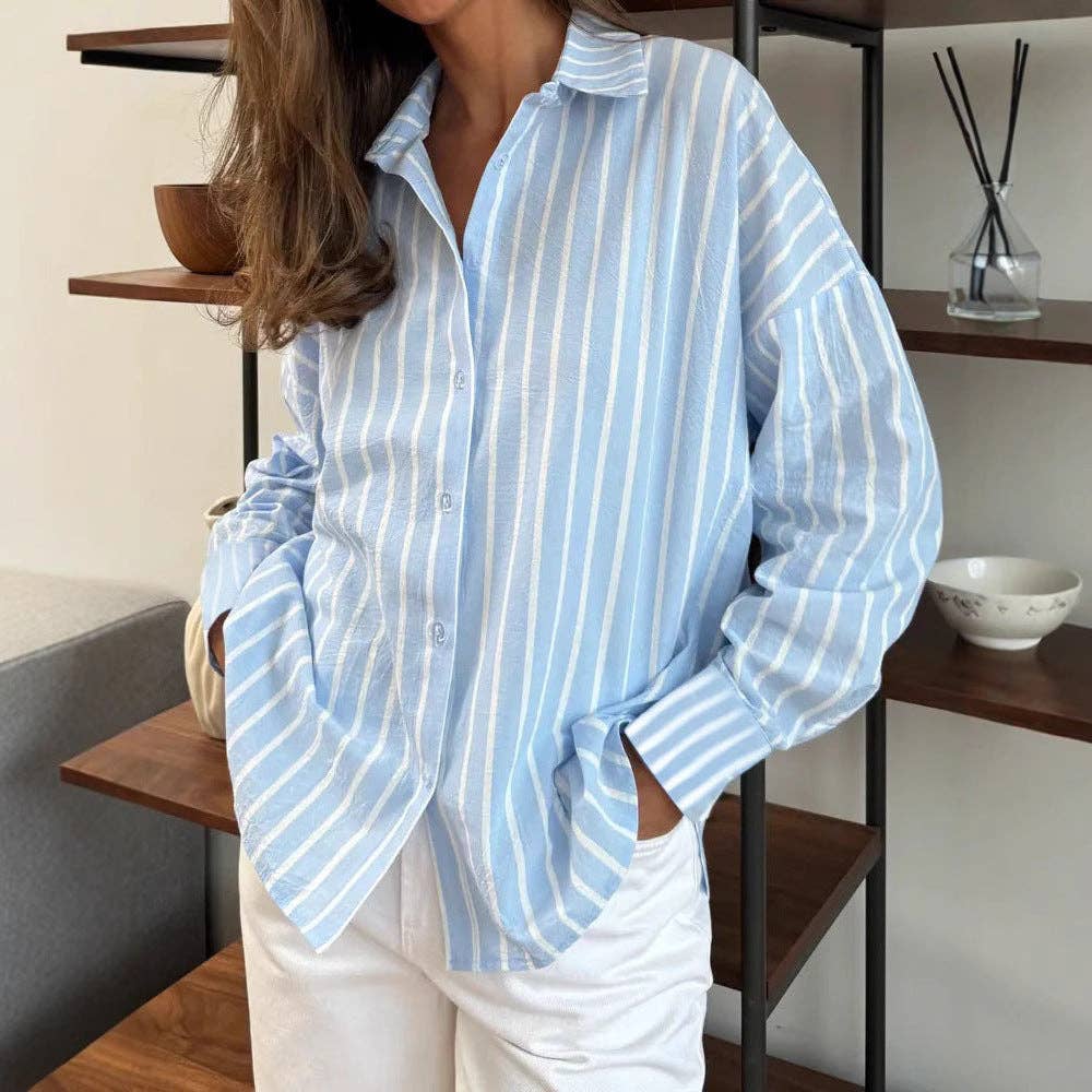 Striped Oversized Button Down Shirt Blouse