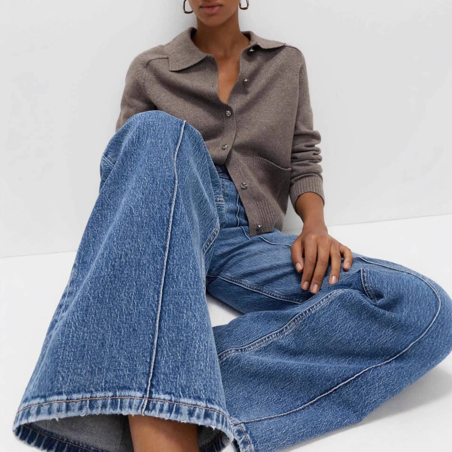 High Waist Contrast Stitch Wide Leg Washed Jeans