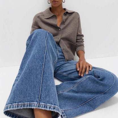 High Waist Contrast Stitch Wide Leg Washed Jeans