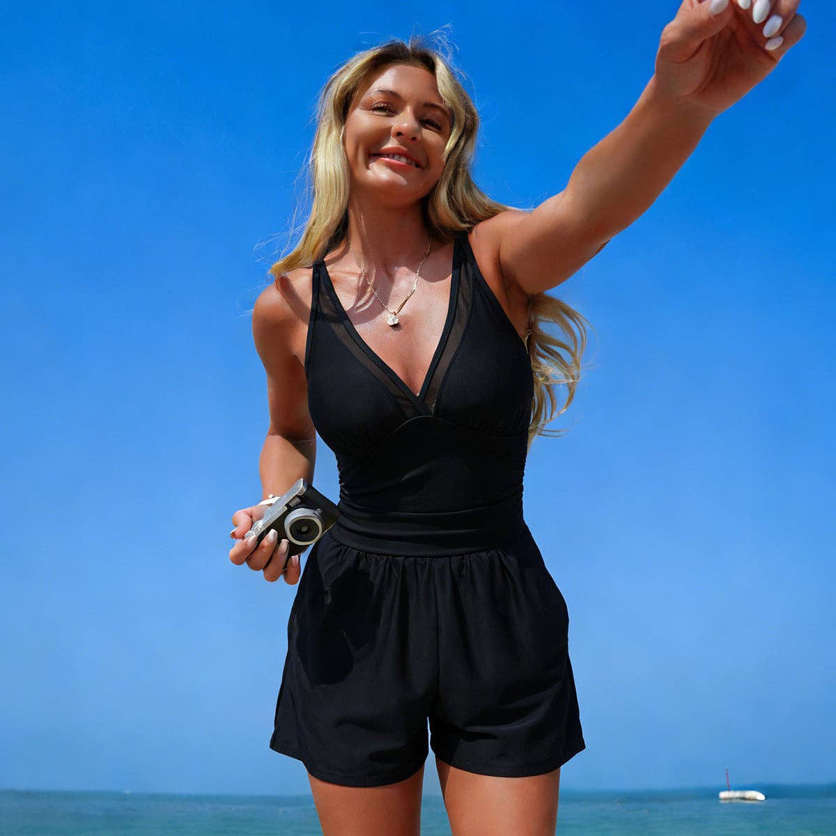 Solid One-Piece Swimsuit with Pockets Sporty Modest