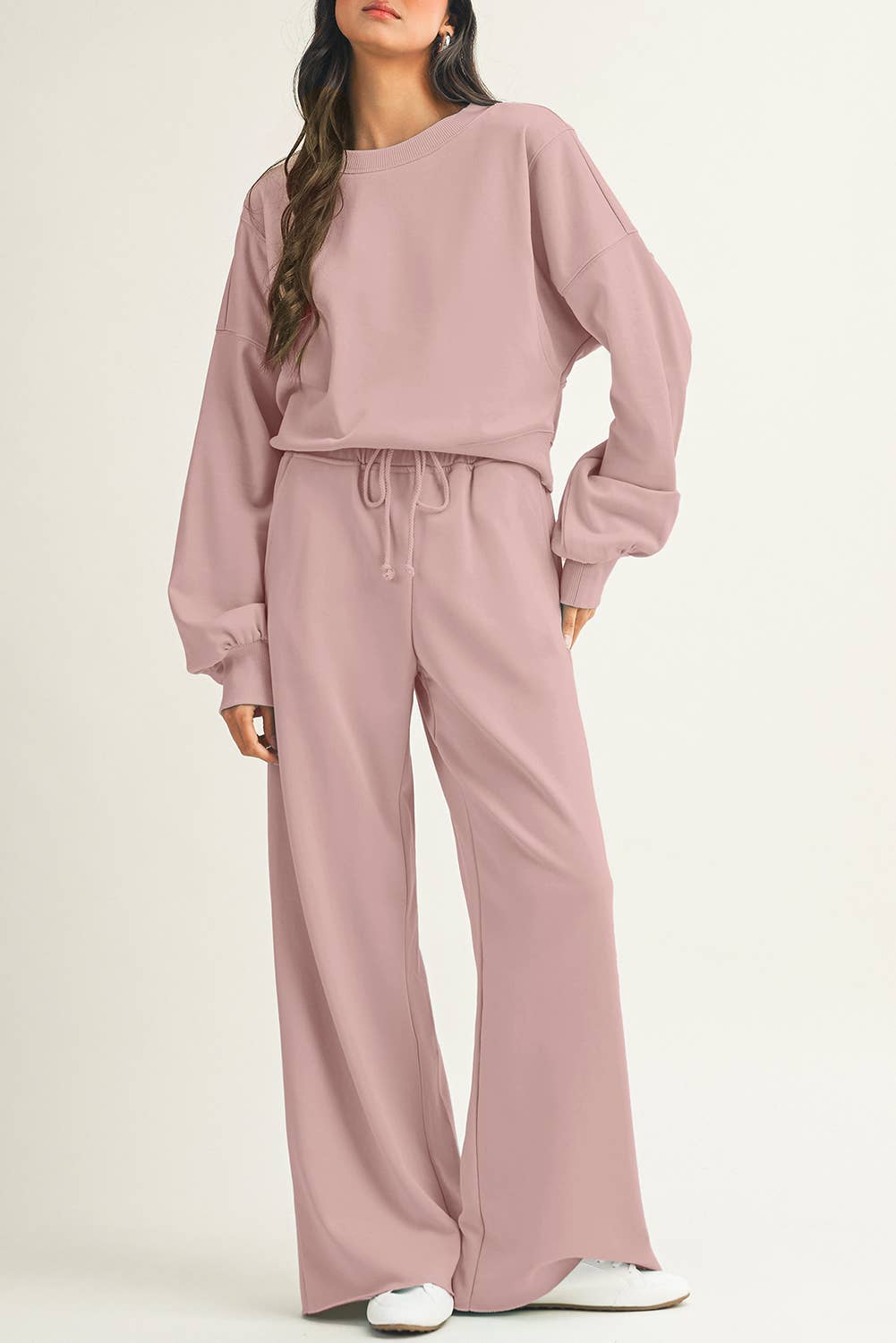 LDC Drop Shoulder Pullover Drawstring Wide Leg Pants Set