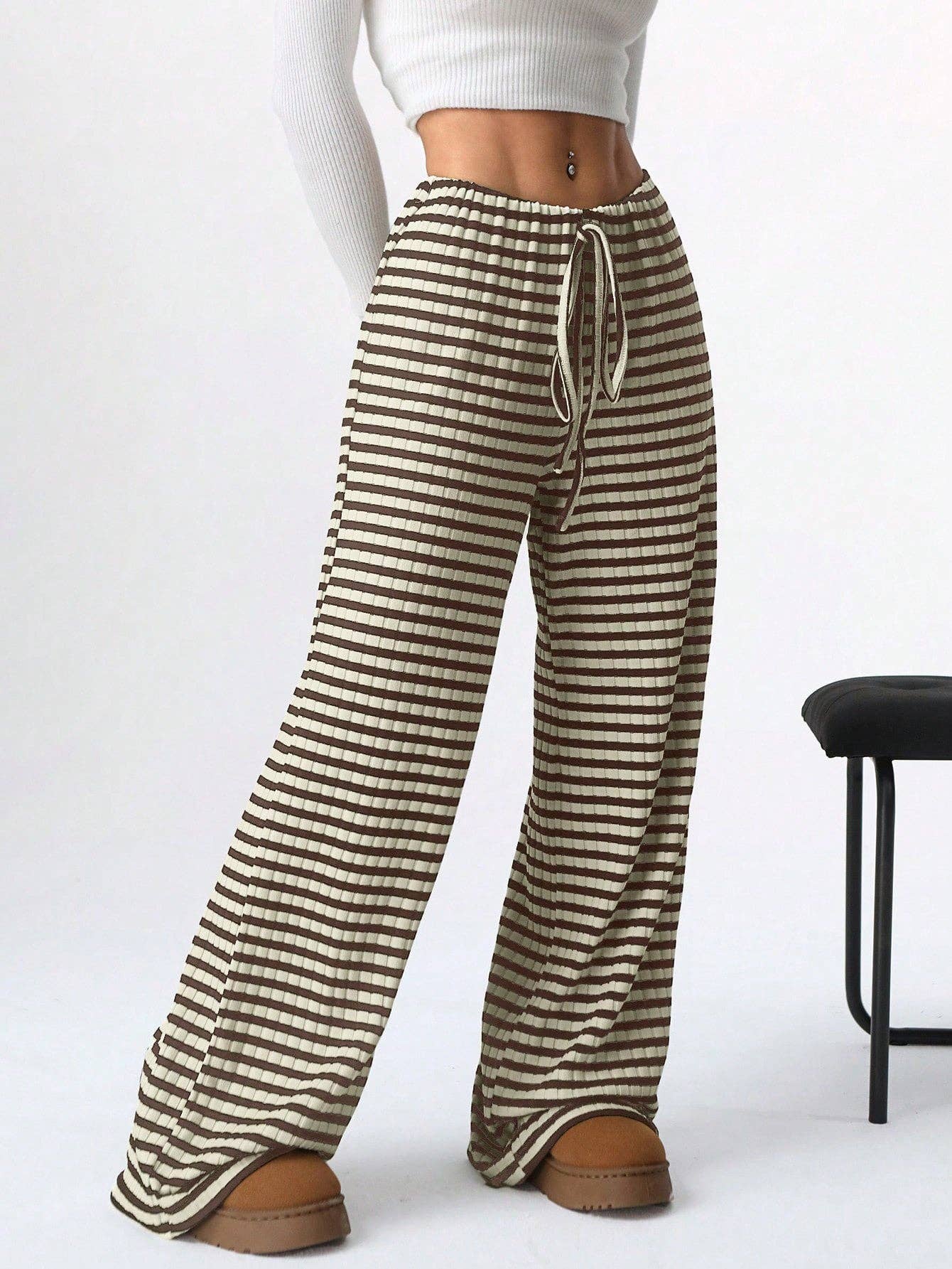Striped Drawstring Wide Leg Lounge Pants