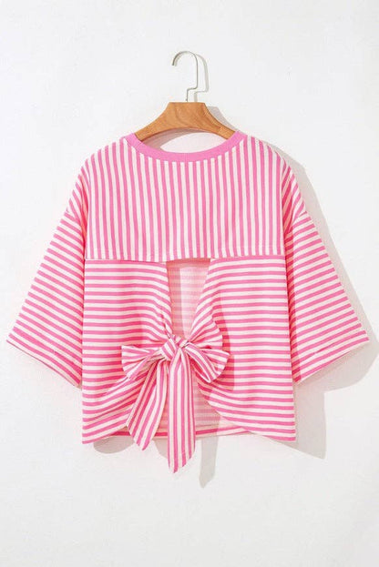 Green Striped Knit Back Bow Tie Open Back Top Women
