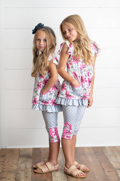 Girls Magenta Flower & Gray Check Pocket Capri Spring Set