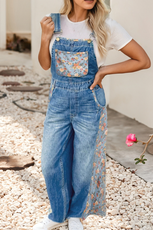 LDC Floral Patchwork Bib Denim Wide Leg Overalls