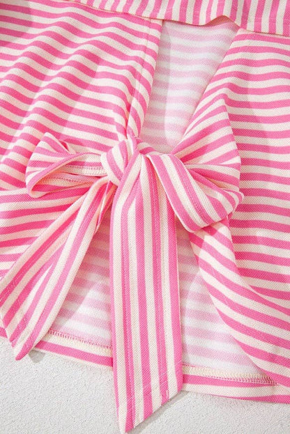 Green Striped Knit Back Bow Tie Open Back Top Women