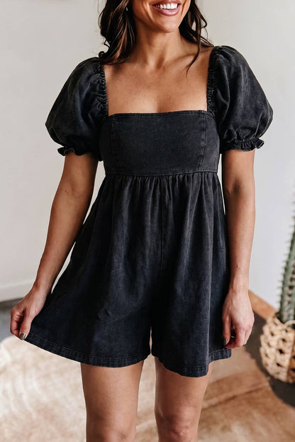 Denim Square Neck Smocked Short Puff Sleeve Flared Romper