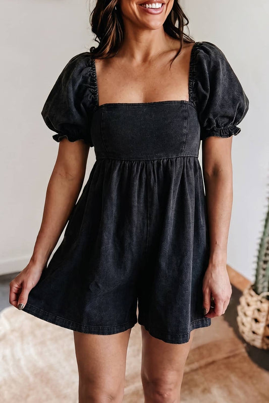 Denim Square Neck Smocked Short Puff Sleeve Flared Romper