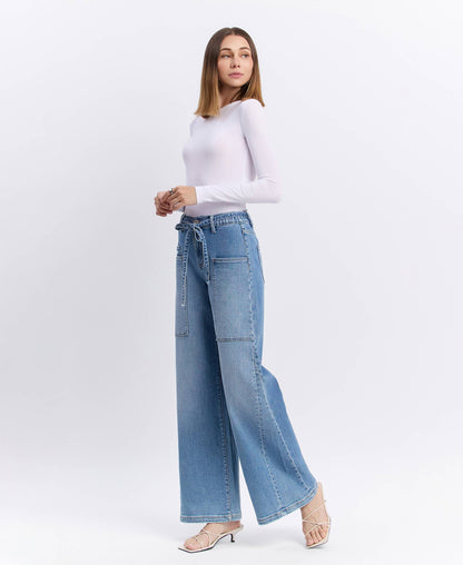 HIGH RISE ELASTIC TIE WAISTBAND BAGGY WIDE JEANS F5955
