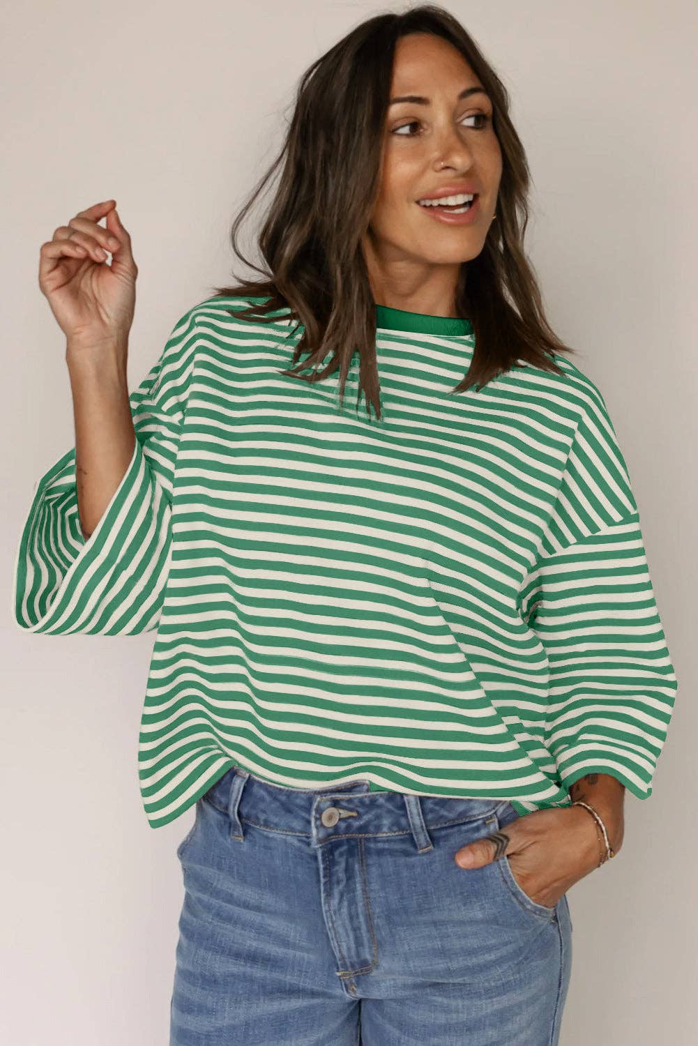 Green Striped Knit Back Bow Tie Open Back Top Women