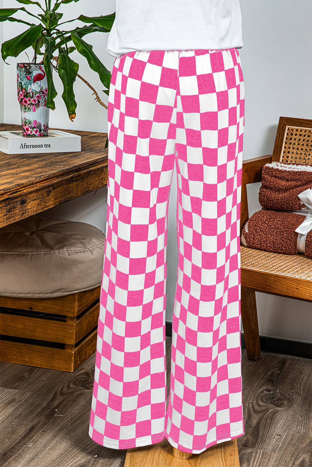 Fashion-W 2-Tone Checked Print High Waist Wide Leg Pants