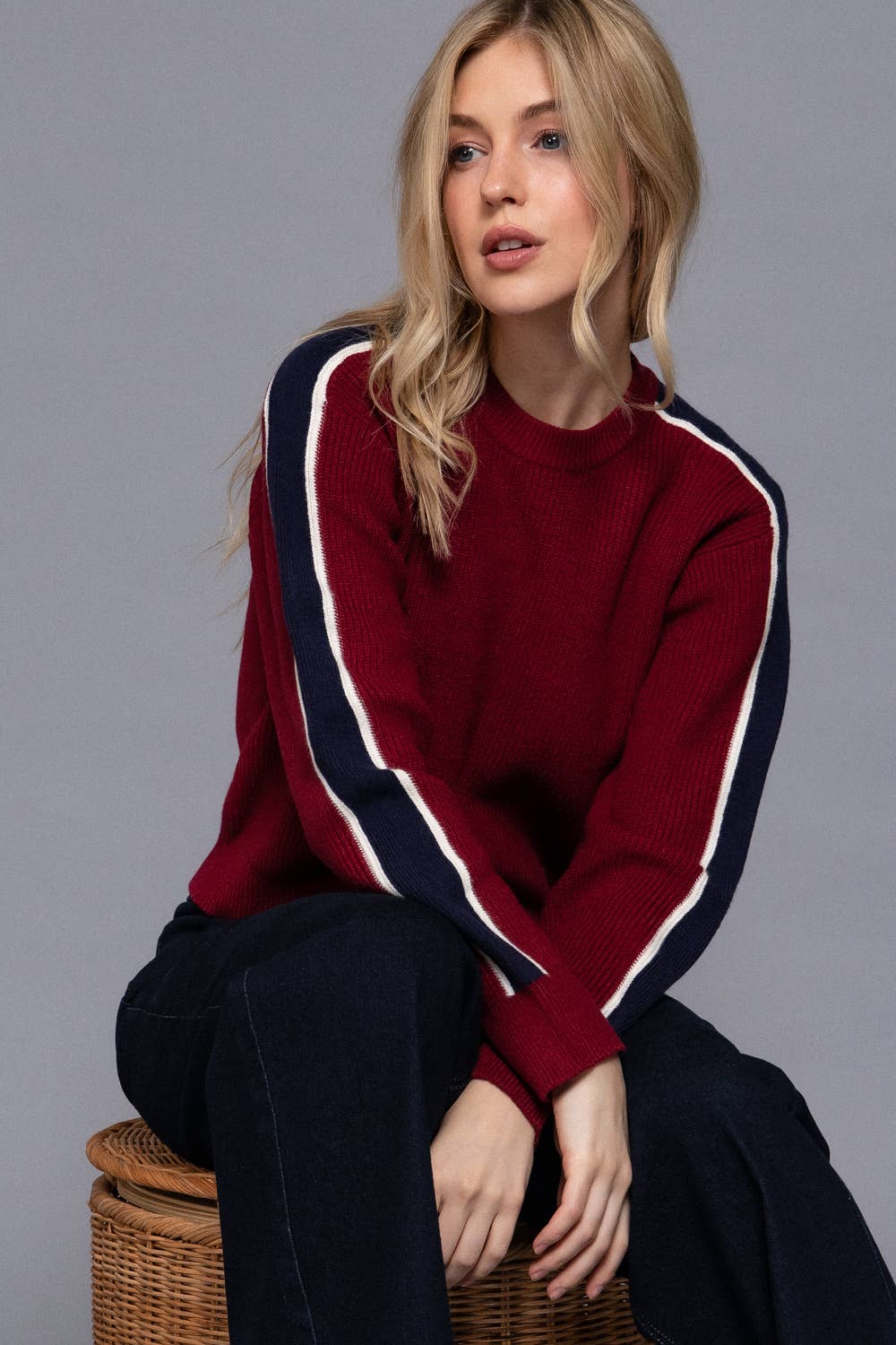Long Sleeve Round Neck Sleeve Line Detail Sweater