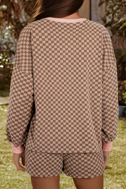 Fashion-W Checkerboard Long Sleeve Pullover and Shorts Set