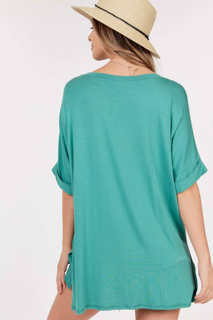 Rolled Short Sleeve Round Neck Top