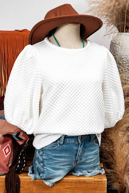 Fashion-W Textured O Neck Puff Sleeve Blouse