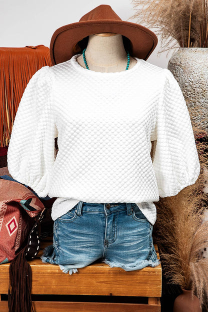 Fashion-W Textured O Neck Puff Sleeve Blouse