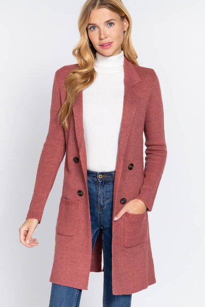 Long Sleeve Notched Collar Sweater Jacket