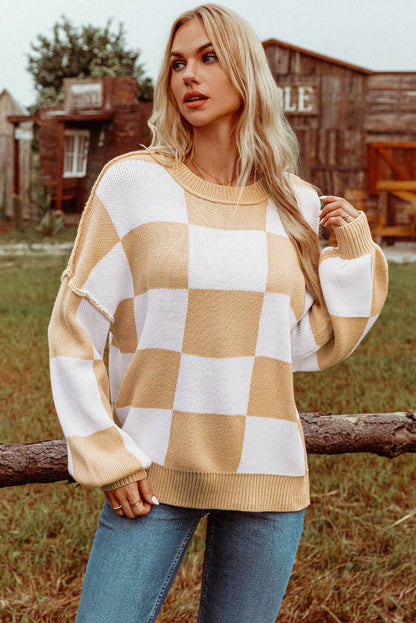 Fashion-W Checkered Bishop Sleeve Sweater*S-2XL
