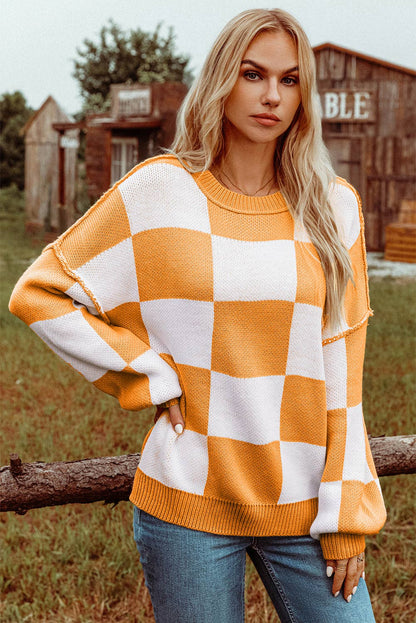 Fashion-W Checkered Bishop Sleeve Sweater*S-2XL