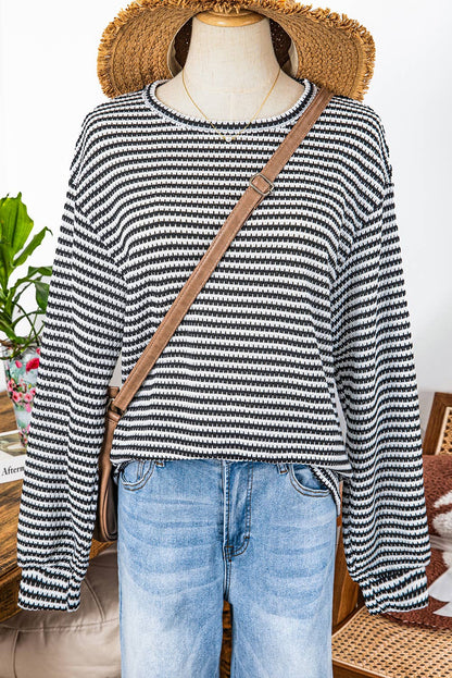 Fall Stripe Round Neck Drop Shoulder Long Sleeve Top*S-3XL