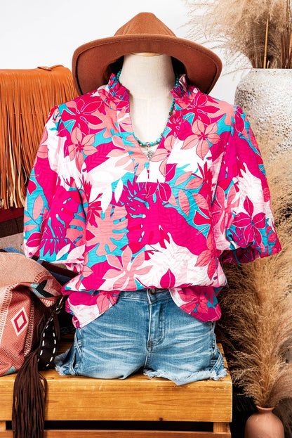 Fashion-W Tropical Plant Printed V Neck Puff Sleeve Blouse